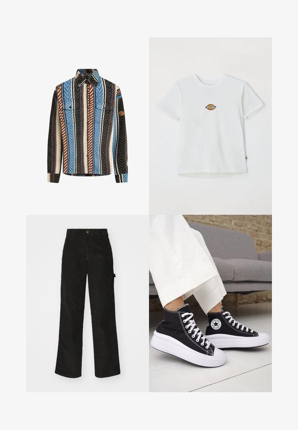 Textureret flannel skjorte med vertikale striber i blå, brun og sort, med to brystlommer og knaplukning foran.; Hvid bomulds t-shirt med et rundt logo med flerfarvede accenter. Korte ærmer og rund halsudskæring, med et lille mærke ved kanten.; Sorte kordfløjsbukser med et lige ben-design, der har en knaplukning og sidelommer. Glat tekstur med fine lodrette striber.; Sorte sneakers med højt skaft, hvide gummisåler og snørebånd. Har en rund logo-patch og kontrasterende hvide syninger. Fremstillet af lærredsmateriale.