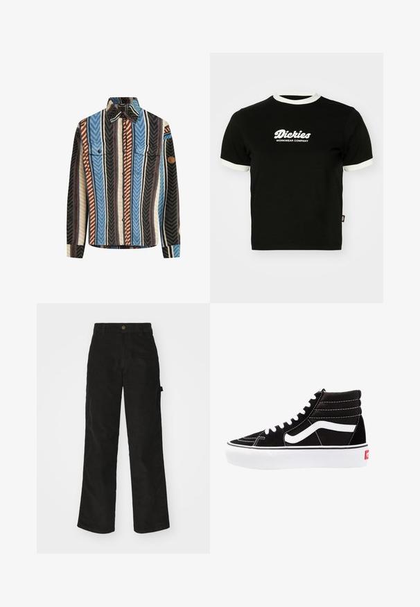 Textureret flannel skjorte med vertikale striber i blå, brun og sort, med to brystlommer og knaplukning foran.; Sort bomulds t-shirt med hvid ribbet halsudskæring og ærmekanter. Har hvidt logo-tekst på forsiden: "Dickies Workwear Company." Korte ærmer.; Sorte kordfløjsbukser med et lige ben-design, der har en knaplukning og sidelommer. Glat tekstur med fine lodrette striber.; Sorte høj-top sneakers med hvide snørebånd, et hvidt logo og kontrasterende hvid syning. Har en tyk hvid sål og struktureret ruskindsoverdel.