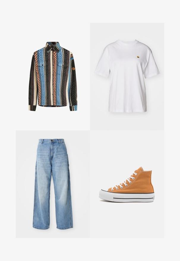 Gestreepte flanellen shirt met verticale strepen in blauw, bruin en zwart, met twee borstzakken en een knoopsluiting aan de voorkant.; Witte katoenen t-shirt met een relaxte pasvorm, korte mouwen en een klein geborduurd logo op de linkerborst.; Lichtblauwe wijde jeans met een hoge taille, voorzien van zijzakken en een vervaagde textuur, vervaardigd uit denim materiaal.; Hoge sneakers van oranje canvas met witte oogjes en veters, voorzien van een textuur rubberen zool en een zwarte accentstreep.