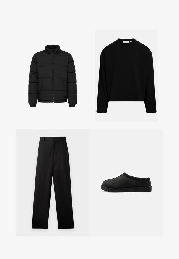 Doudoune noire avec un col montant, fermeture éclair à l'avant et poignets élastiques. Présente des sections matelassées horizontales et deux poches avant.; Sweat-shirt noir à manches longues avec col rond, ourlet droit et étiquette "Redefined Rebel" au niveau du col.; Pantalons noirs en coton avec une coupe droite, dotés d'une fermeture à bouton à l'avant et de poches latérales. Texture lisse, sans motifs.; Chausson noir à enfiler UGG avec une semelle souple et une bordure tricotée autour du col, vue de côté sur fond blanc.