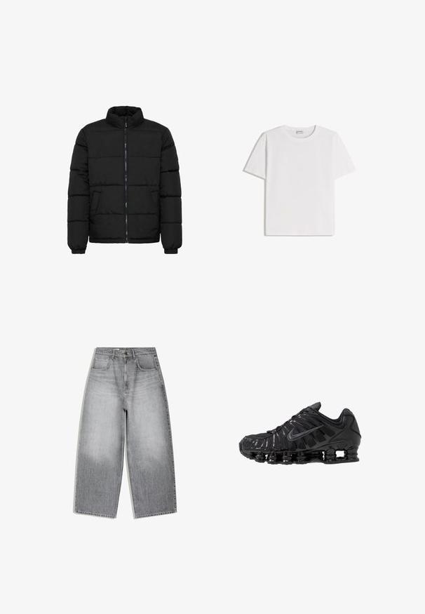 Doudoune noire avec un col montant, fermeture éclair à l'avant et poignets élastiques. Présente des sections matelassées horizontales et deux poches avant.; T-shirt en coton blanc avec un col rond et des manches courtes. Présente une coupe classique et carrée, sans motifs ni accents visibles.; Jean en denim gris taille haute avec une coupe large aux jambes, poches avant et fermeture à boutons, présenté à plat sur fond blanc.; Chaussures de sport noires en mesh et matériaux synthétiques, présentant un design ondulé distinct, une semelle en caoutchouc noire et des accents réfléchissants.
