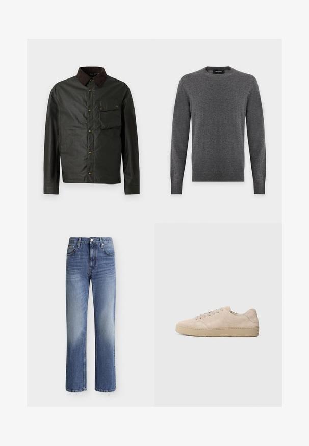 Dunkelgrüne Jacke mit einem braunen Cordkragen, Knopfverschluss, einer Brusttasche und einer glatten, leicht glänzenden Oberfläche.; Dunkelgrauer Pullover mit Rundhalsausschnitt und langen Ärmeln, mit gerippten Bündchen und Saum, auf einem schlichten hellen Hintergrund präsentiert.; Blaue Denim-Jeans mit geradem Bein, Fünf-Taschen-Design, Knopf- und Reißverschluss und leicht ausgebleichten Details an den vorderen Oberschenkeln.; Beige Wildlederschuh mit einer runden Zehenform, flachen Schnürsenkeln und einer strukturierten Gummisohle. Minimalistisches Design mit glatten Kanten und dezenten Nähten.