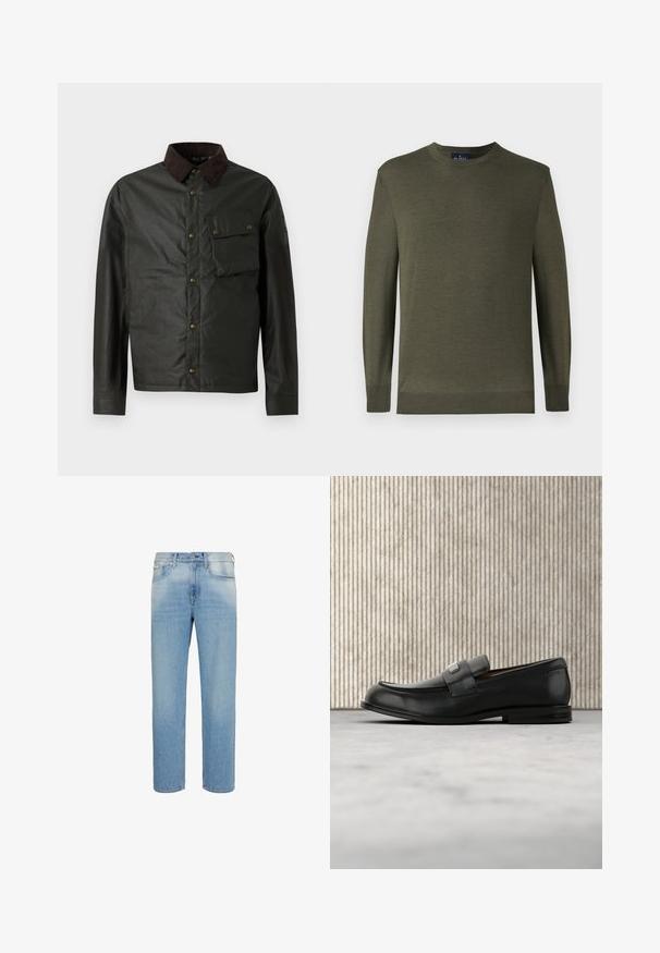 Mørkegrøn jakke med en brun corduroy-krave, knaplukning, en brystlomme og en glat, let shiny overflade.; Grøn strikket sweater med lange ærmer, rund hals, ribbede mansjetter og kant. Lavet af blødt materiale med en glat tekstur.; Lyseblå jeans med lige ben, forlommer, bæltestropper og knaplukning, vist mod en hvid baggrund.; Sort læderloafer med metalbrandskilt hvilende nær et brunt rundt bord på beige tæppe.
