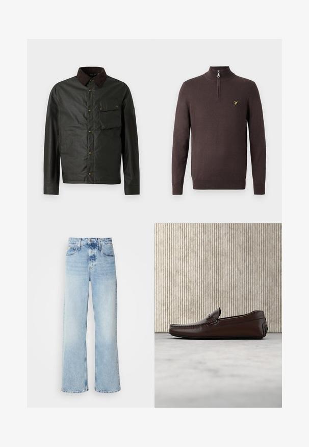 Mørkegrøn jakke med en brun corduroy-krave, knaplukning, en brystlomme og en glat, let shiny overflade.; Brun strikpullover med høj krave og halv lynlås. Har et lille gult fuglelogo på venstre bryst. Blød tekstur.; Lysblå vide jeans med høj talje, der har en falmet finish, bæltestropper og klassisk fem-lomme design. Kantene er rå.; Brune lædersandaler med en glat overflade, mokkasin-lignende syninger, hævet tå og en lav, fleksibel gummisål.