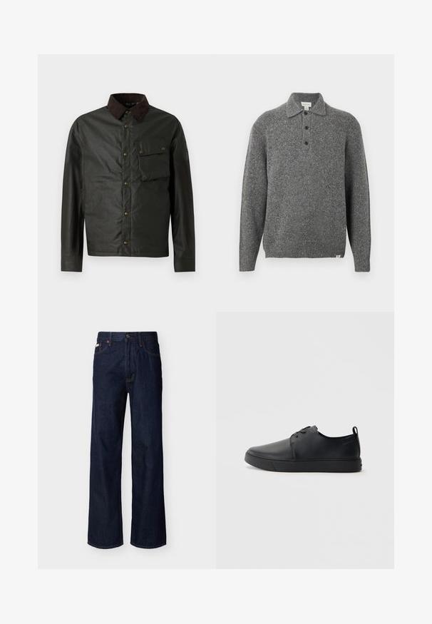 Dunkelgrüne Jacke mit einem braunen Cordkragen, Knopfverschluss, einer Brusttasche und einer glatten, leicht glänzenden Oberfläche.; Grauer gestrickter Pullover mit Polokragen, Fünf-Knopf-Leiste, langen Ärmeln und gerippten Bündchen; zeichnet sich durch einen strukturierten Stoff mit dezenten Sprenkeln aus.; Dunkelblaue Jeans mit geradem Bein, Fünf-Taschen-Design und Knopfverschluss, auf hellem einfarbigem Hintergrund präsentiert.; Schwarze Leder-Sneaker mit glatter Oberfläche, abgerundeter Zehenpartie, gleichfarbiger Nähte, schnürbarem Vorderteil und flacher Gummisohle. Schlaufe an der Ferse.