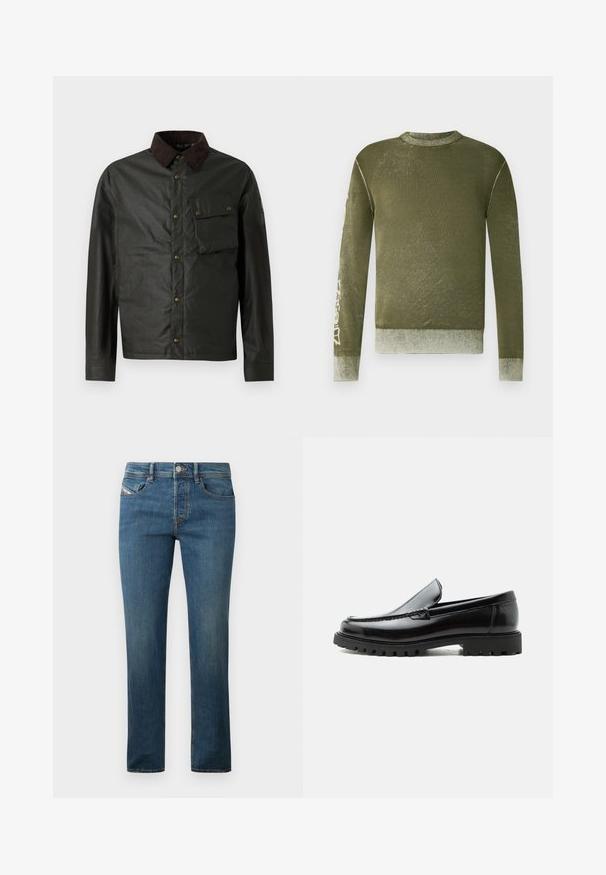 Dunkelgrüne Jacke mit einem braunen Cordkragen, Knopfverschluss, einer Brusttasche und einer glatten, leicht glänzenden Oberfläche.; Langärmeliges olivgrünes Sweatshirt mit gerippten Bündchen und Saum, dezenter verwaschener Textur und hellfarbigen grafischen Text auf dem rechten Ärmel.; Dunkelblaue Jeans aus Denim mit geradem Bein, fünf Taschen, und subtilen Ausbleichungen. Enthält einen Metallknopf und Gürtelschlaufen.; Schwarzer Lederloafer mit grober Gummisohle, genähter Oberseite und geprägtem Markennamen an der Ferse, seitlich auf weißem Hintergrund gezeigt.