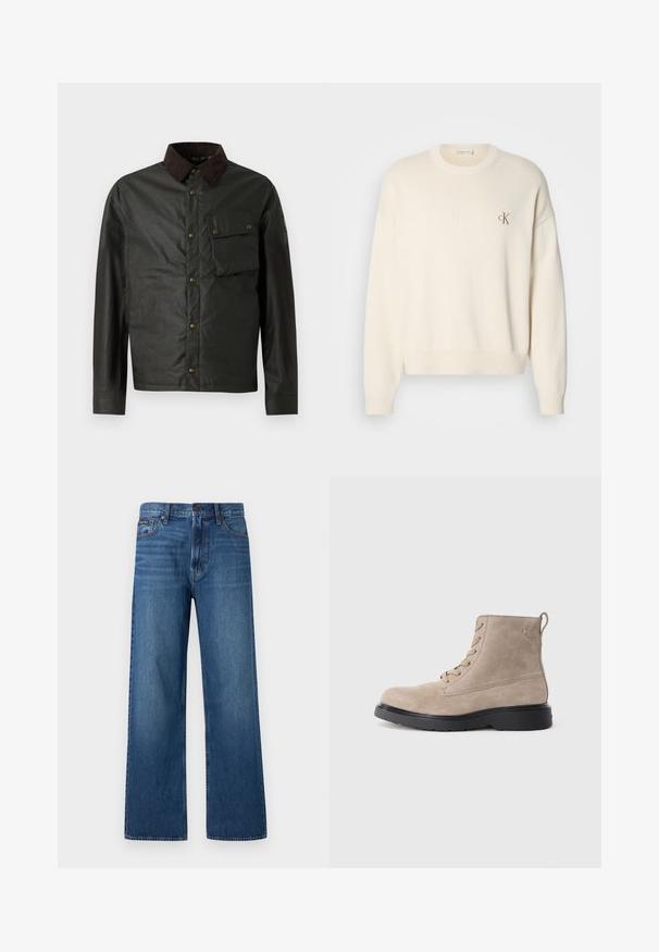 Mørkegrøn jakke med en brun corduroy-krave, knaplukning, en brystlomme og en glat, let shiny overflade.; Kremfarvet strikket sweater med ribbet tekstur, rund halsudskæring og drop-skuldrer. Har et lille brunt broderet logo på brystet.; Blå, højtaljede, straight-fit jeans med knapper og lynlås foran, fem lommer og en lille mærket patch på højre lomme.; Beige ruskindsankelstøvler med sort gummisål, snørelukning og et lille logo præget på siden, med en løftestrop bagpå.