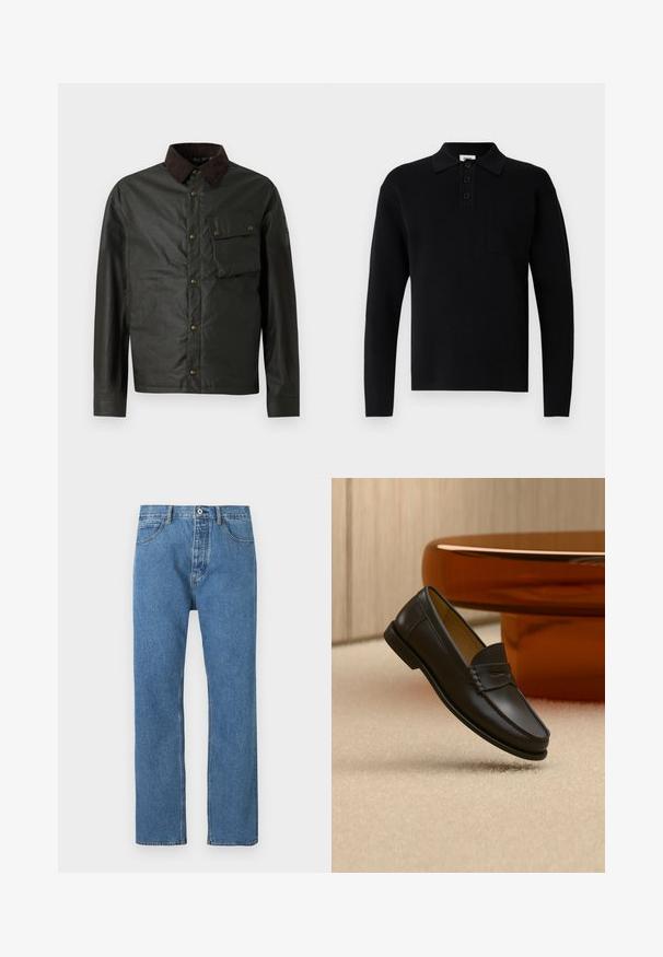 Mørkegrøn jakke med en brun corduroy-krave, knaplukning, en brystlomme og en glat, let shiny overflade.; Sort langærmet poloshirt lavet af blødt materiale, med krave, tre-knaps lukning og en lille brystlomme.; Lyseblå denimjeans med lige snit, fem lommer, knaplukning og subtile syningsdetaljer langs sømmene.; Sort læder loafer-sko hængende over beige tæppe med ravfarvet moderne møblement i baggrunden.