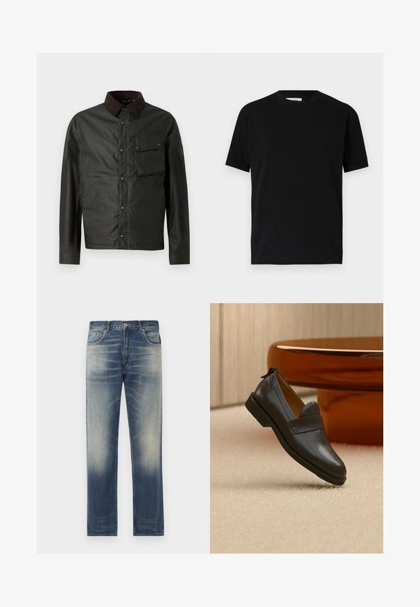 Dunkelgrüne Jacke mit einem braunen Cordkragen, Knopfverschluss, einer Brusttasche und einer glatten, leicht glänzenden Oberfläche.; Schwarzes kurzärmliges T-Shirt aus Baumwolle mit Rundhalsausschnitt und lockerer Passform. Sanfte Textur, keine Muster oder sichtbaren Logos.; Blaue Jeans aus Denim mit geradem Schnitt, die dezente Ausbleichungen und Whisker-Details auf der Vorderseite aufweisen, im Fünf-Taschen-Design und mit Gürtelschlaufen.; Schwarzer Lederloafer mit niedrigem Absatz, der über einem beigen Teppich schwebt, neben einem glänzenden bernsteinfarbenen Tisch in einem minimalistischen Raum.