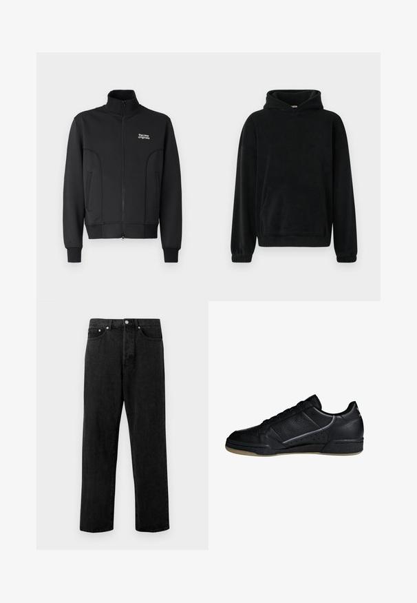 Sort lynlåsjakke lavet af glat, strækbart stof. Har høj krave, sidelommer og et lille hvidt logo på brystet.; Sort hættetrøje i blødt fleece-materiale, med en frontlomme, lange ærmer og ribkantede manchetter. Minimalistisk design, ingen synlige mønstre.; Sorte denimjeans med lige ben, der har fem lommer, metalknaplukning og subtilt slid på stoffet.; adidas Originals CONTINENTAL 80 SHOES - Sneakers - black