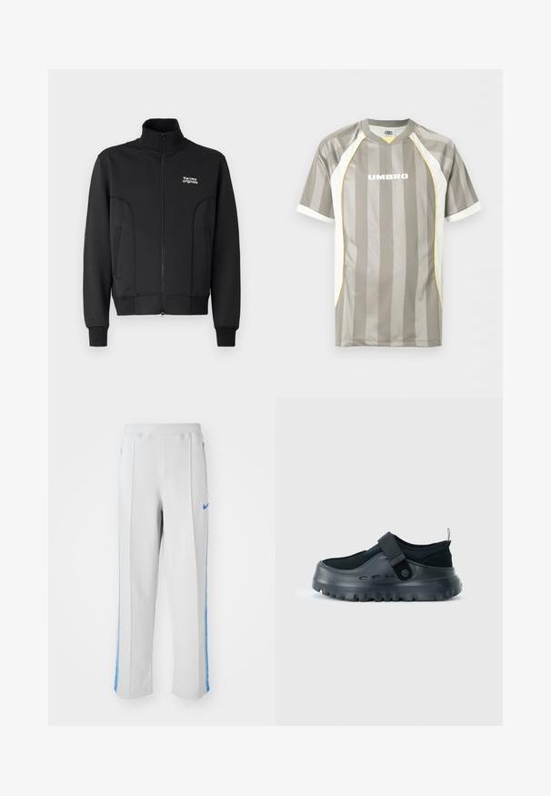 Chaqueta negra con cremallera, fabricada en un tejido suave y elástico. Cuenta con un collar alto, bolsillos laterales y un pequeño logo blanco en el pecho.; Camiseta deportiva gris de manga corta con rayas verticales, paneles laterales blancos con ribete amarillo y el logo "UMBRO" centrado en el pecho.; Pantalones deportivos de color gris claro con franjas laterales azules, que cuentan con un ajuste relajado, cinturilla elástica y bolsillos con cremallera. Logo de Nike en la parte frontal.; Zapato negro sin cordones con suela gruesa y dentada, correa ajustable en la parte superior y lengüeta en el talón.