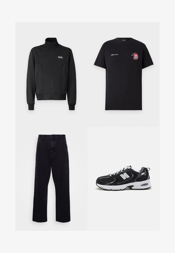 Sort lynlåsjakke lavet af glat, strækbart stof. Har høj krave, sidelommer og et lille hvidt logo på brystet.; Replay SHORT SLEEVE GRAPHIC - T-shirts print - black; Sorte denimbukser med lige ben, der har en knap- og lynlåslukning, bæltestropper og minimale syninger.; Sorte og grå sportssko med mesh og ruskind på overdelen, der har en hvid mellemsål, snørebånd og et iøjnefaldende "N" logo på siden.
