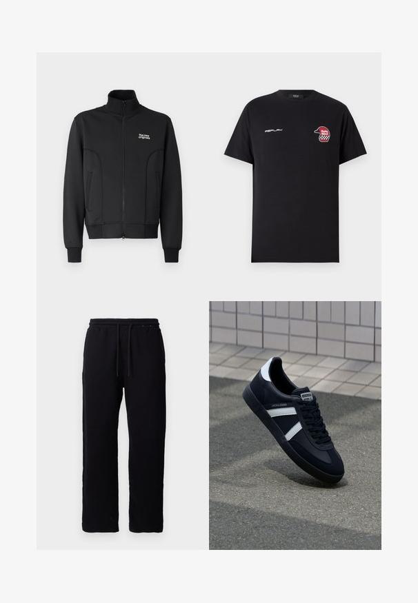 Sort lynlåsjakke lavet af glat, strækbart stof. Har høj krave, sidelommer og et lille hvidt logo på brystet.; Replay SHORT SLEEVE GRAPHIC - T-shirts print - black; Sorte sweatpants lavet af bomuld, med elastisk talje og snore, lige ben design, og uden synlige mønstre eller detaljer.; Sort lædersneaker med hvide striber, tekstureret gummisål og snørrebånd foran. Har et brandet mærke på tungen.