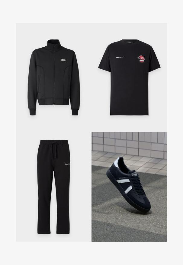 Schwarze Zip-Jacke aus glattem, dehnbarem Stoff. Sie hat einen hohen Kragen, seitliche Taschen und ein kleines weißes Logo auf der Brust.; Replay SHORT SLEEVE GRAPHIC - T-Shirt print - black; Schwarze Jogginghose mit elastischem Bund und verstellbarem Kordelzug. Mit gesticktem Logo am Oberschenkel und geradem Bein-Design.; Schwarze Leder-Sneaker mit weißen Streifen, strukturiertem Gummisohle und Schnürung. Verfügt über ein Markenetikett auf der Zunge.