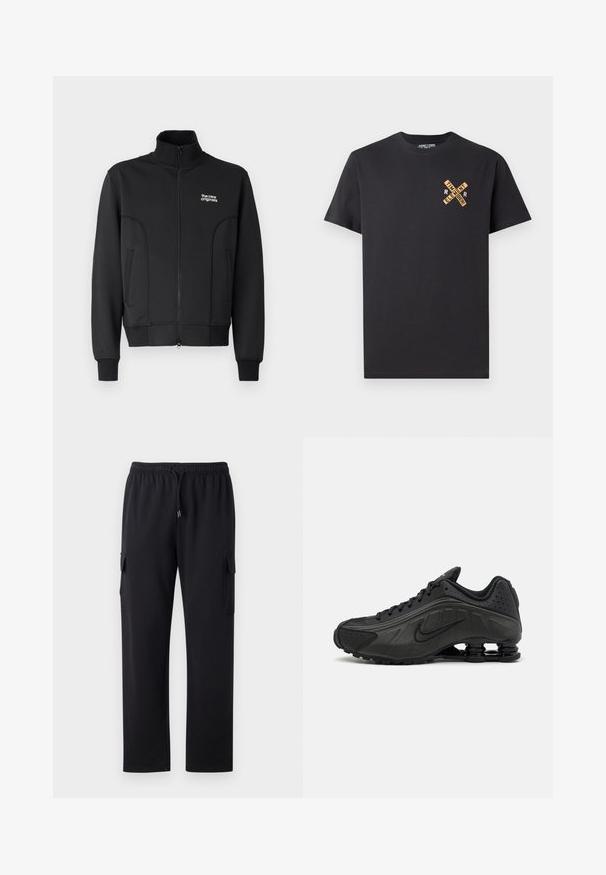 Sort lynlåsjakke lavet af glat, strækbart stof. Har høj krave, sidelommer og et lille hvidt logo på brystet.; Sort bomulds t-shirt med et grafisk design i orange, der viser ordene "ELEMENT" og "REMEMBER" i et krydsmønster på brystet.; Sorte cargo bukser med en afslappet pasform, elastisk talje og snøre. Har to sidelommer til opbevaring. Blødt stof.; Sorte løbesko med en glat syntetisk overdel, perforerede detaljer, teksturerede sidedele og en distinkt fjedrende sål.