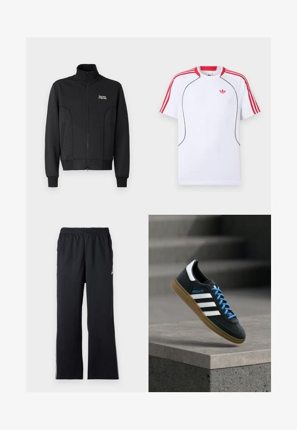 Chaqueta negra con cremallera, fabricada en un tejido suave y elástico. Cuenta con un collar alto, bolsillos laterales y un pequeño logo blanco en el pecho.; Camiseta deportiva blanca de manga corta con rayas rojas en los hombros y las mangas, ribete negro en la parte delantera y logo trebol rojo de Adidas en el pecho.; Pantalones deportivos negros de tejido elástico, con cinturilla elástica y acentos laterales. Diseño de pierna recta con sutil detalle de logo.; Zapatilla negra Adidas con franjas blancas, cordones azules y suela de goma flotando sobre un escalón de hormigón gris con luz suave.