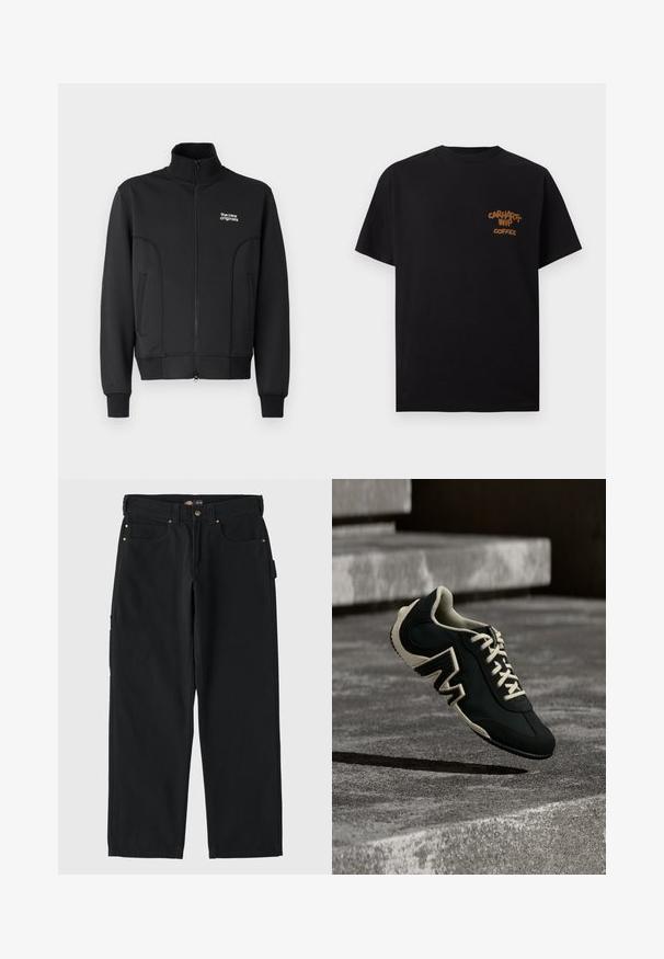Must must, venitus materjalist. Omab kõrget kaelust, küljetaskuid ja väikest valget logo rinnal.; Must lühikeste varrukatega T-särk, vasakul rinnal väike pruun tekst „Carhartt WIP Coffee“.; Mustast puuvillast valmistatud sirge jala disainiga püksid, millel on kaks esi-taskut, tagatasku ja kuldse tooni seadmed.; Must ja beež toss, millel on tekstuuriga tall ja suur "M" detail, hõljuv neutraalses valgustuses tekstuuriliste betoonastmete kohal.