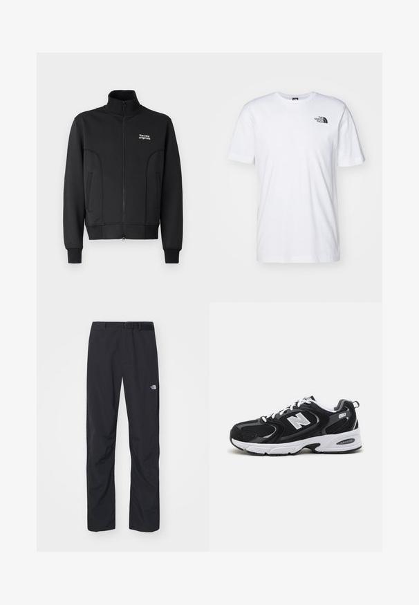 Chaqueta negra con cremallera, fabricada en un tejido suave y elástico. Cuenta con un collar alto, bolsillos laterales y un pequeño logo blanco en el pecho.; Camiseta de algodón blanca con un logo negro de The North Face en el lado superior izquierdo del pecho. Diseño de manga corta y cuello redondo.; The North Face ABUKUMA PANT - Pantalones - black; Zapatillas deportivas en negro y gris con parte superior de malla y ante, que cuentan con una entresuela blanca, cordones y un llamativo logo "N" en el lateral.