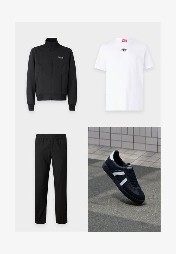 Chaqueta negra con cremallera, fabricada en un tejido suave y elástico. Cuenta con un collar alto, bolsillos laterales y un pequeño logo blanco en el pecho.; Camiseta de algodón blanca con mangas cortas, que presenta un escote redondo y un parche del logo plateado de Diesel en el pecho. Diseño simple, color sólido.; Pantalones negros de pierna recta con cintura elástica, sin bolsillos visibles ni adornos.; Zapatilla de cuero negra con rayas blancas, suela de goma texturizada y parte frontal con cordones. Cuenta con una etiqueta de marca en la lengüeta.
