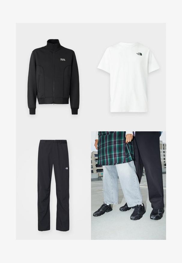 Chaqueta negra con cremallera, fabricada en un tejido suave y elástico. Cuenta con un collar alto, bolsillos laterales y un pequeño logo blanco en el pecho.; Camiseta blanca de algodón con mangas cortas y cuello redondo, que presenta un pequeño logotipo negro de The North Face en el pecho izquierdo.; The North Face ABUKUMA PANT - Pantalones - black; Zapatillas deportivas negras con acentos de malla y goma. Combinadas con jeans de pierna ancha de color gris claro y una blusa de cuadros verdes. Fondo de superficie plana.