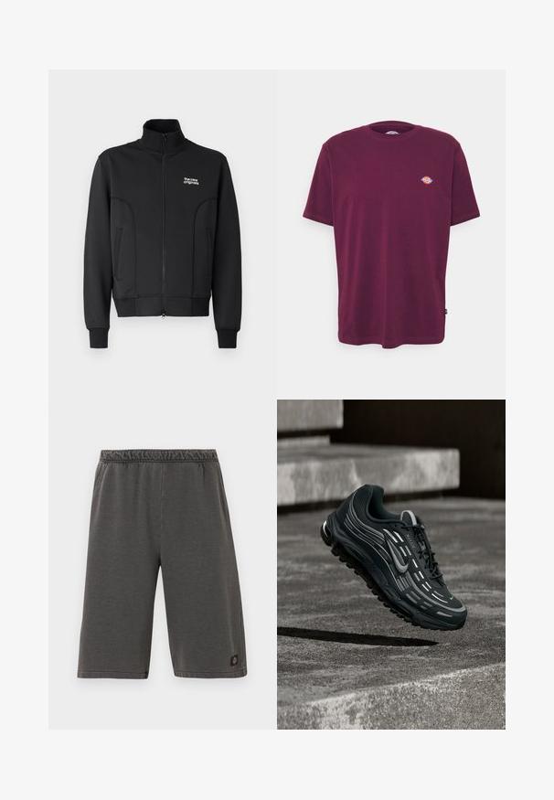 Zwarte zip-up jas van gladde, rekbare stof. Heeft een hoge kraag, zijzakken en een klein wit logo op de borst.; Bordeaux katoenen T-shirt met een ronde hals, korte mouwen en een klein meerkleurig logo op de borst. Gladde textuur, standaard pasvorm.; Donkergrijze knielange korte broek met elastische tailleband en zijzakken, voorzien van een klein merklogo vlak bij de zoom aan één pijp.; Zwarte en grijze Nike Air Max sneaker zwevend boven grijze betonnen trappen met een gestructureerde achtergrond van de grond.
