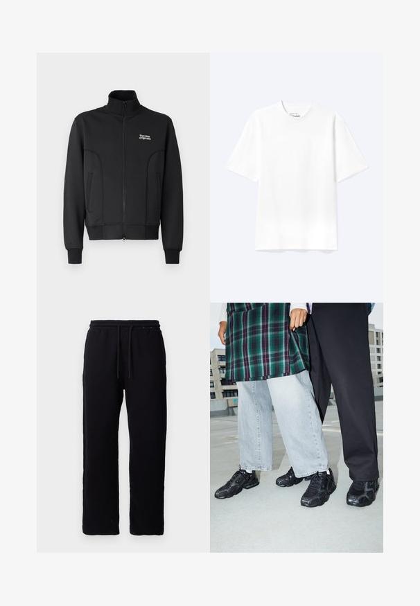 Schwarze Zip-Jacke aus glattem, dehnbarem Stoff. Sie hat einen hohen Kragen, seitliche Taschen und ein kleines weißes Logo auf der Brust.; Schlichtes weißes T-Shirt mit kurzen Ärmeln und Rundhalsausschnitt in entspannter Passform, auf hellem Hintergrund dargestellt.; Schwarze Sweatpants aus Baumwolle mit einem elastischen Bund und Kordelzügen, geradem Bein Design und ohne sichtbare Muster oder Akzente.; Schwarze Sportschuhe mit Mesh- und Gummielementen. Kombiniert mit hellgrauen weiten Jeans und einem karierten grünen Oberteil. Flacher Hintergrund.
