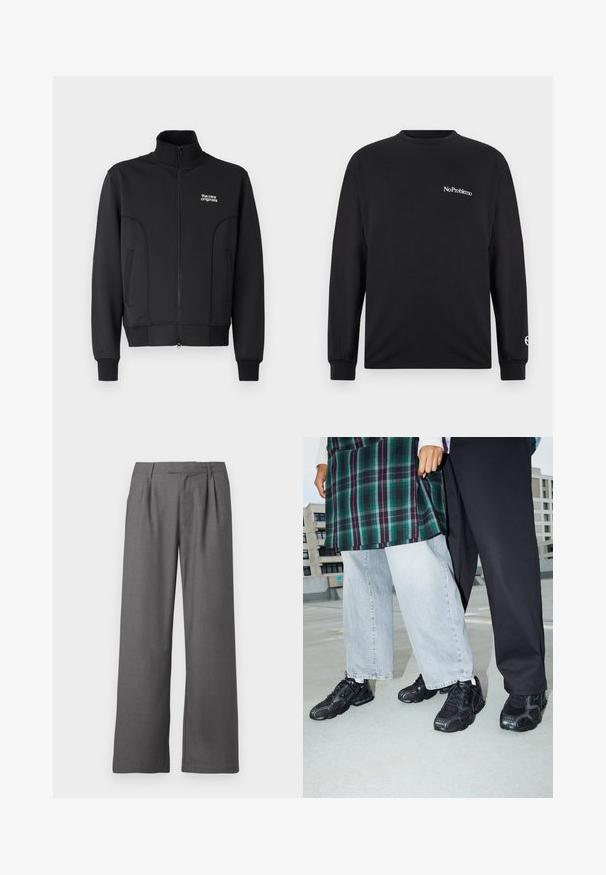 Zwarte zip-up jas van gladde, rekbare stof. Heeft een hoge kraag, zijzakken en een klein wit logo op de borst.; Zwart langearm T-shirt van katoen. Bevat de tekst "No Problemo" op de borst en een logo op de mouw. Ronde halslijn en aansluitende manchetten.; Grijze wijde broek gemaakt van een soepele stof, met een geplooid voorpand, zijzakken en een op maat gemaakte tailleband met riemlussen.; Zwarte sportieve schoenen met mesh- en rubberaccenten. Draagt een lichtgrijze wijde spijkerbroek en een groen geruit shirt. Effen achtergrond.