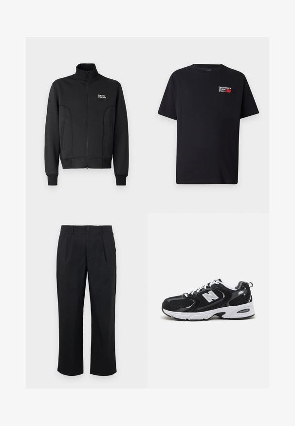 Zwarte zip-up jas van gladde, rekbare stof. Heeft een hoge kraag, zijzakken en een klein wit logo op de borst.; Zwarte katoenen t-shirt met een ronde halslijn. Heeft een klein rood en wit 'New Balance' logo en tekst op de bovenste linkerkant van de borst.; Zwarte broek met een rechte pasvorm, voorzien van plooien aan de voorkant, een knoopsluiting en een gladde stofstructuur.; Zwarte en grijze sport schoenen met een bovenwerk van mesh en suede, voorzien van een witte tussenzool, veters en een gedurfde "N"-logo aan de zijkant.