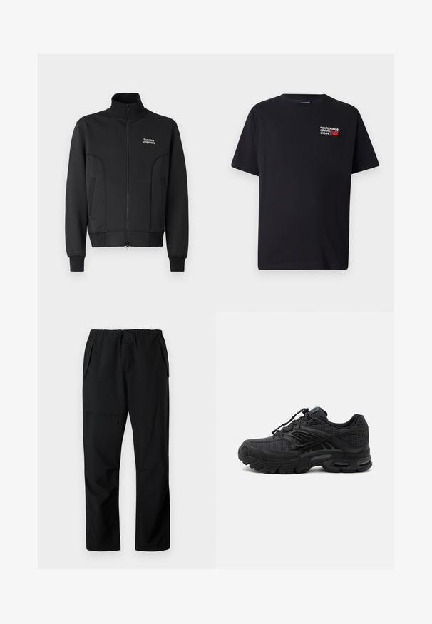 Zwarte zip-up jas van gladde, rekbare stof. Heeft een hoge kraag, zijzakken en een klein wit logo op de borst.; Zwarte katoenen t-shirt met een ronde halslijn. Heeft een klein rood en wit 'New Balance' logo en tekst op de bovenste linkerkant van de borst.; Zwarte casual broek met elastische tailleband, twee zijzakken en een ritszak op de dij, plat weergegeven op een witte achtergrond.; Zwarte atletische sneaker met textuurstof, dikke gevoerde zool, luchtopeningen en vetersluiting, vanaf de zijkant weergegeven tegen een lichte achtergrond.