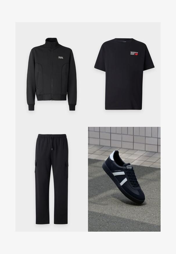 Zwarte zip-up jas van gladde, rekbare stof. Heeft een hoge kraag, zijzakken en een klein wit logo op de borst.; Zwarte katoenen t-shirt met een ronde halslijn. Heeft een klein rood en wit 'New Balance' logo en tekst op de bovenste linkerkant van de borst.; Zwarte cargobroek met een ontspannen pasvorm, elastische tailleband en trekkoord. Heeft twee zijzakken voor opslag. Zachte stofstructuur.; Zwarte leren sneaker met witte strepen, een gestructureerde rubberen zool en vetersluiting aan de voorkant. Voorzien van een merklabel op de tong.