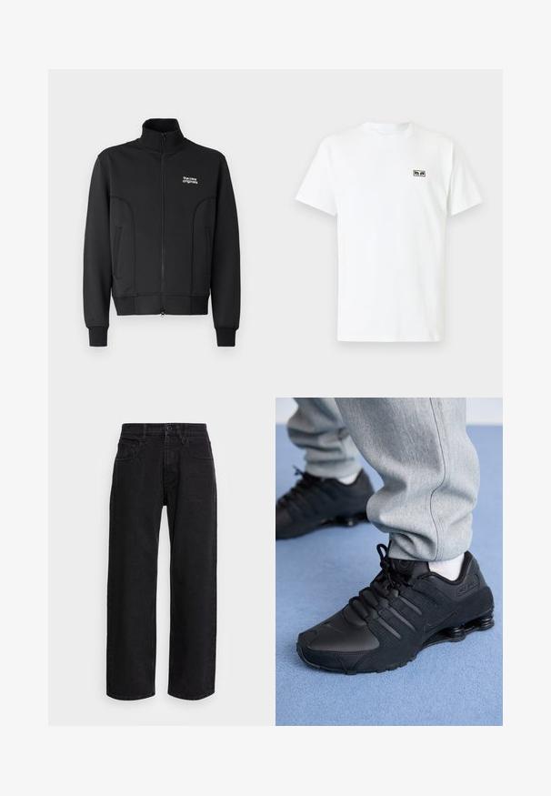 Sort lynlåsjakke lavet af glat, strækbart stof. Har høj krave, sidelommer og et lille hvidt logo på brystet.; Hvid bomulds T-shirt med korte ærmer, rund halsudskæring og et lille logo i sort og olivengrøn på venstre brystområde.; Sorte denim bukser med bred benlængde og høj talje, der har fem lommer og knaplukning. Stoffet har en glat tekstur og let stræk.; Person iført sorte Nike Shox sneakers og grå joggingbukser, der står på lyseblåt tæppe.