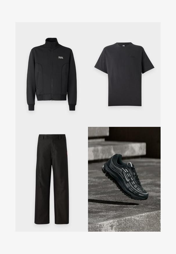 Chaqueta negra con cremallera, fabricada en un tejido suave y elástico. Cuenta con un collar alto, bolsillos laterales y un pequeño logo blanco en el pecho.; Camiseta de algodón negra con mangas cortas y cuello redondo. Presenta un pequeño logo en relieve en la parte superior izquierda del pecho. Diseño sencillo.; Pantalones anchos negros, confeccionados en una tela suave, con un frente plano, lazos para cinturón y dos bolsillos laterales. Acento del logo de la marca en rojo en un lado.; Zapatilla Nike Air Max negra y gris flotando sobre escalones de hormigón gris con fondo de suelo texturizado.