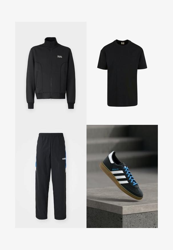 Sort lynlåsjakke lavet af glat, strækbart stof. Har høj krave, sidelommer og et lille hvidt logo på brystet.; Urban Classics SHORTSLEEVE - T-shirts basic - black; Sorte træningsbukser med elastisk talje, prydet med blå og hvide grafiske detaljer på siderne og et broderet logo.; Sort Adidas sneaker med hvide striber, blå snørebånd og gummisål, der svæver over gråt betontrin i blødt lys.