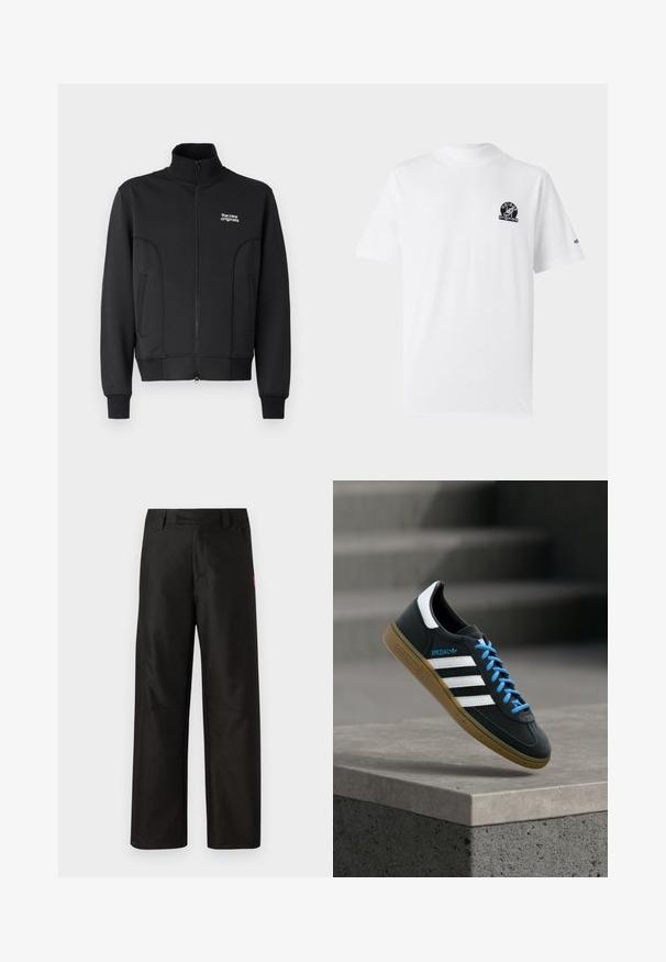 Sort lynlåsjakke lavet af glat, strækbart stof. Har høj krave, sidelommer og et lille hvidt logo på brystet.; Hvid bomulds T-shirt med korte ærmer. Har et sort logo på venstre bryst og et lille logo på højre ærme. Klassisk pasform.; Sorte bukser med bred benvidde lavet af glat stof, med flad front, bæltestropper og to sidelommer. Rød logoaccent på siden.; Sort Adidas sneaker med hvide striber, blå snørebånd og gummisål, der svæver over gråt betontrin i blødt lys.