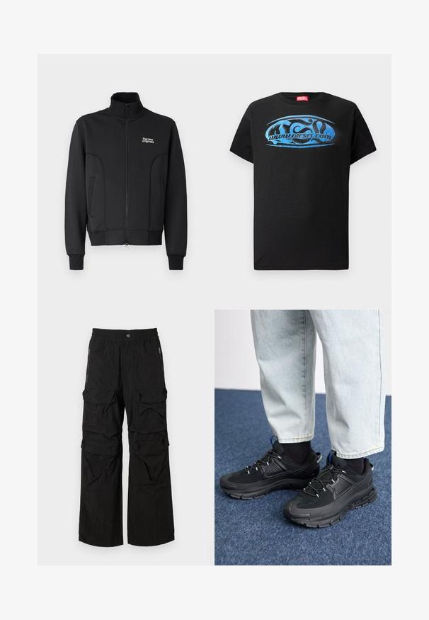 Sort lynlåsjakke lavet af glat, strækbart stof. Har høj krave, sidelommer og et lille hvidt logo på brystet.; Sort kortærmet t-shirt lavet af bomuld, med et blåt grafisk logo-design og teksten "www.diesel.com" på forsiden.; Sorte cargo bukser med elastisk talje, flere store lommer og lynlåslommer på siden. Lavet af letvægts, tekstureret stof.; Sorte træningssko med tekstureret stof og gummisåler, udstyret med elastiske snørebånd og en blå detalje på hælen. Bæres med lyse denimbukser.