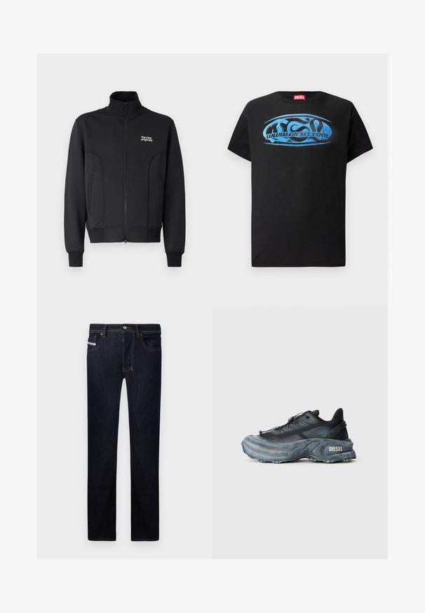 Zwarte zip-up jas van gladde, rekbare stof. Heeft een hoge kraag, zijzakken en een klein wit logo op de borst.; Zwarte t-shirt met korte mouwen van katoen, voorzien van een blauw grafisch logo ontwerp met de tekst "www.diesel.com" op de voorkant.; Donkerblauwe denim jeans met een rechte snit, voorzien van vijf zakken, contrasterende stiksels en een metalen knoopsluiting.; Zwarte en grijze Diesel sneakers met dikke zool, vetersluiting en gestructureerd ontwerp op een effen lichtgrijze achtergrond.