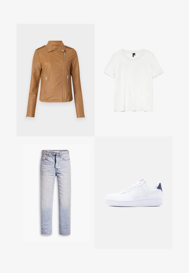 Tan neplederen motorjack met een getailleerd design, een rits aan de voorkant, twee zijritsen en schouderepauletten. Soepele textuur en minimale stiksels.; Witte t-shirt met korte mouwen en een ronde hals, gemaakt van lichte stof. Eenvoudig ontwerp, gladde textuur en rechte zoom.; Lichtblauwe denim jeans met een straight leg ontwerp, voorzien van een knoopgulp, vijf zakken en subtiele vervaging langs de benen.; Witte lage sneaker met perforaties op de neus, witte veters, een wit swoosh-logo en een donkerblauwe hielstrook.