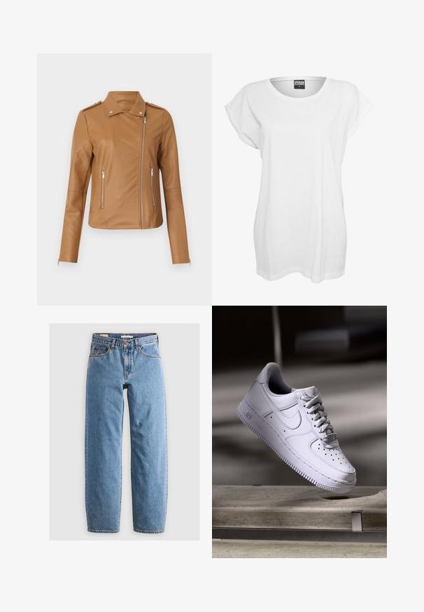 Tan neplederen motorjack met een getailleerd design, een rits aan de voorkant, twee zijritsen en schouderepauletten. Soepele textuur en minimale stiksels.; Witte kortomoto T-shirt van katoen, met een ontspannen pasvorm, wijde halslijn en een minimalistisch ontwerp zonder patronen of accenten.; Lichtblauwe denim jeans met een recht model, vijf zakken, een ritsluiting en een subtiele vervaagde textuur. Klassieke stijl met minimale hardware.; Witte Nike Air Force 1 sneaker die zweeft boven een betonnen oppervlak met schaduwen in een minimalistische setting.