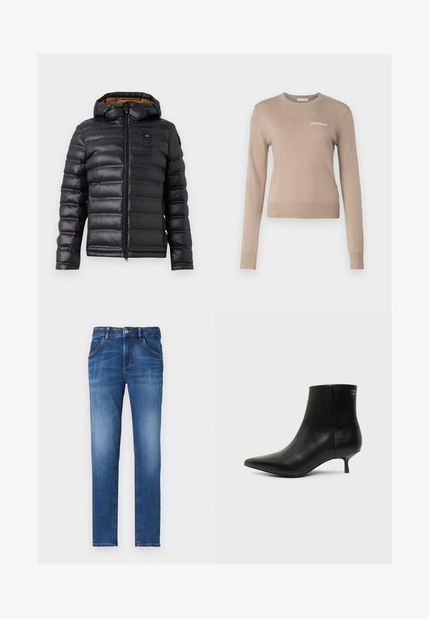 Doudoune noire avec capuche, présentant un design matelassé, une fermeture éclair avant et une doublure marron contrastante. Comprend un logo sur la poitrine.; Pull en tricot beige avec des manches longues, col rond, ourlet et poignets côtelés, présente un logo subtil "2ND DAY" blanc sur la poitrine.; Jean en denim bleu ajusté avec une finition délavée, cinq poches, fermeture à bouton à l'avant et détails de couture contrastés.; Bottine en cuir noir avec bout pointu et petit talon kitten sur fond clair, vue côté extérieur.