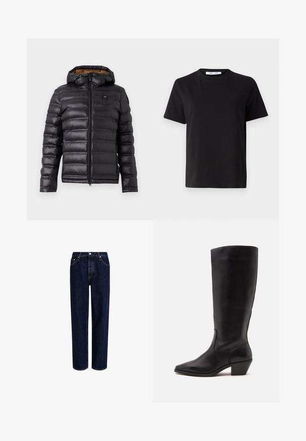 Doudoune noire avec capuche, présentant un design matelassé, une fermeture éclair avant et une doublure marron contrastante. Comprend un logo sur la poitrine.; T-shirt noir à manches courtes en coton doux, avec un col rond, une coupe décontractée et une texture lisse. Pas de motifs ni de graphiques visibles.; Jeans en denim bleu foncé avec une coupe droite, dotés d'une taille haute, d'un style à cinq poches et de coutures contrastantes. Sans embellissements.; Botte en cuir noire mi-mollet avec un bout pointu et un talon bas incliné sur un fond clair uni.