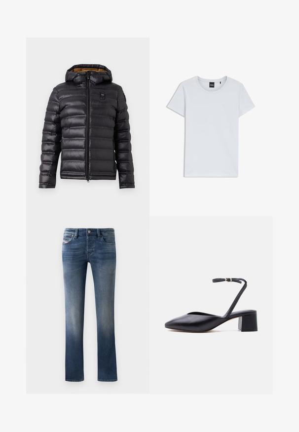 Doudoune noire avec capuche, présentant un design matelassé, une fermeture éclair avant et une doublure marron contrastante. Comprend un logo sur la poitrine.; T-shirt blanc uni à manches courtes et col rond avec un petit logo brodé sur la poitrine gauche et une étiquette noire BOSS à l'intérieur du col.; Jean en denim bleu foncé avec une coupe droite, présentant des détails de décoloration légère sur les cuisses et un style classique à cinq poches.; Chaussure noire en cuir à talon bas carré, bout pointu et fine bride de cheville avec boucle dorée sur fond clair.