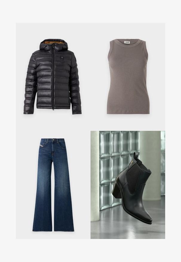 Doudoune noire avec capuche, présentant un design matelassé, une fermeture éclair avant et une doublure marron contrastante. Comprend un logo sur la poitrine.; Débardeur gris côtelé avec un col rond et un design sans manches, fabriqué à partir d'un tissu doux et texturé. Silhouette simple et ajustée.; Jeans taille haute, bleu foncé, à jambe large, avec poches avant et à pièce, fermeture à bouton et détails de décoloration subtile sur les cuisses.; Bottine noire en cuir avec talon bloc et panneau latéral élastique, flottant à l'intérieur devant un mur en blocs de verre et un sol en béton.
