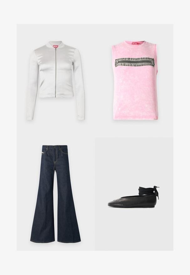 Veste zippée en satin blanc avec des manches longues, design ajusté, col côtelé et détail de logo rouge au niveau du cou. Texture lisse avec un reflet minimal.; T-shirt sans manches en coton rose avec une rayure horizontale noire et blanche à travers la poitrine. Encolure ronde, texture douce.; Jean flare bleu foncé en denim, avec taille haute, accents de surpiqûre dorée, et deux poches avant avec fermeture à bouton.; Ballerines en cuir noir avec un bout pointu, dotées d'un lien à la cheville en tissu tissé et d'un petit accent décoratif sur le bout.