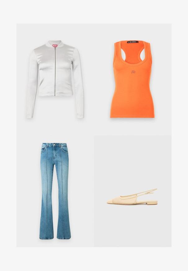 Witte satijnen zip-up jack met lange mouwen, getailleerd ontwerp, geribbelde kraag en rode logo-detail op de nek. Soepele textuur met minimale glans.; Geribbeld oranje tanktop met een ronde halslijn en brede schouderbanden. Bevat een klein geborduurd logo aan de voorkant. Soepele textuur.; Lichtblauwe denim jeans met hoge taille, voornaaddetails, voorzakken, riemlussen en uitlopende pijpen tegen een witte achtergrond.; Slingback ballerina in lichtbeige met een mesh bovenwerk, spitse neus en een lage hak. Voorzien van een verstelbare band voor een goede pasvorm.