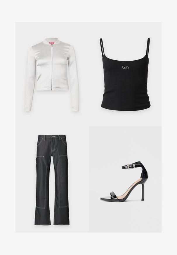 Witte satijnen zip-up jack met lange mouwen, getailleerd ontwerp, geribbelde kraag en rode logo-detail op de nek. Soepele textuur met minimale glans.; Zwarte geribbelde camisole top met dunne bandjes en een klein metalen logo in het midden. De stof lijkt rekbaar en aansluitend te zijn.; Donkerdenim cargobroek met witte contrasterende stiksels, voorzien van meerdere zakken en een flared pijpdesign. Duurzaam materiaal en metalen knoopsluiting.; Zwarte sandalen met hoge hak van lakleer en een enkelriempje. Heeft een minimalistisch ontwerp, open teen en een gesp met strass-steentjes.