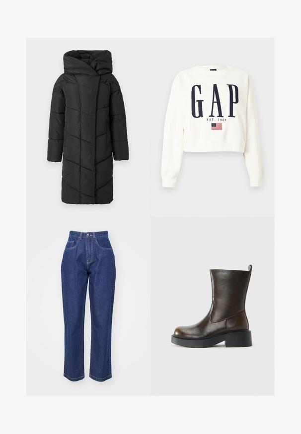 Schwarze Steppjacke mit großer Kapuze, diagonal gestepptem Muster, langen Ärmeln und gerader Schnitt, der bis über die Knie reicht.; Weißer, kurzer Pullover mit großem, dunkelblauem "GAP"-Schriftzug, darunter "EST. 1969" und einer kleinen Grafik der Betsy Ross amerikanischen Flagge.; Dunkelblaue Jeans aus Denim mit hoher Taille, geradem Bein, fünf Taschen und Kontrastnähten. Klassisches Design mit glatter Textur.; Dunkelbrauner Lederstiefel bis zur Mitte des Waden mit runder Spitze, dickem schwarzen Sohlen, niedrigem Blockabsatz und einer Zuglasche auf der Rückseite.