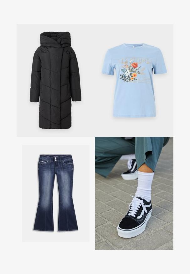 Sort puffjakke med en stor hætte, der har et diagonalt quiltet mønster, lange ærmer og en lige pasform, der strækker sig forbi knæene.; Lyseblå kortærmet t-shirt med et blomsterprint og teksten "LES FLEURS" i guld over orange, hvide og blå blomster.; Mørkeblå, viddeudvidede jeans lavet af denim, med fem lommer, kontrastsyninger og lukning med knap samt dekorative detaljer foran.; Sorte ruskinds sneakers med hvide accenter og snørebånd, der har en tyk hvid sål og kontrasterende syninger, parret med en hvid sok.