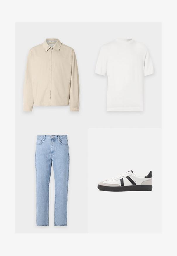 Veste légère beige avec un col pointu, fermeture éclair à l'avant et poches latérales. Texture lisse et design simple.; T-shirt en tricot blanc à manches courtes avec un col rond, présentant une texture lisse et des accents côtelés au niveau du col et de l'ourlet.; Jean en denim bleu clair avec une coupe droite, cinq poches et une fermeture à bouton. Texture douce avec une finition vieillie classique.; Baskets blanches avec des accents noirs et gris, présentant un embout texturé gris, une semelle en caoutchouc noir et des lacets plats blancs. Design épuré, style minimaliste.