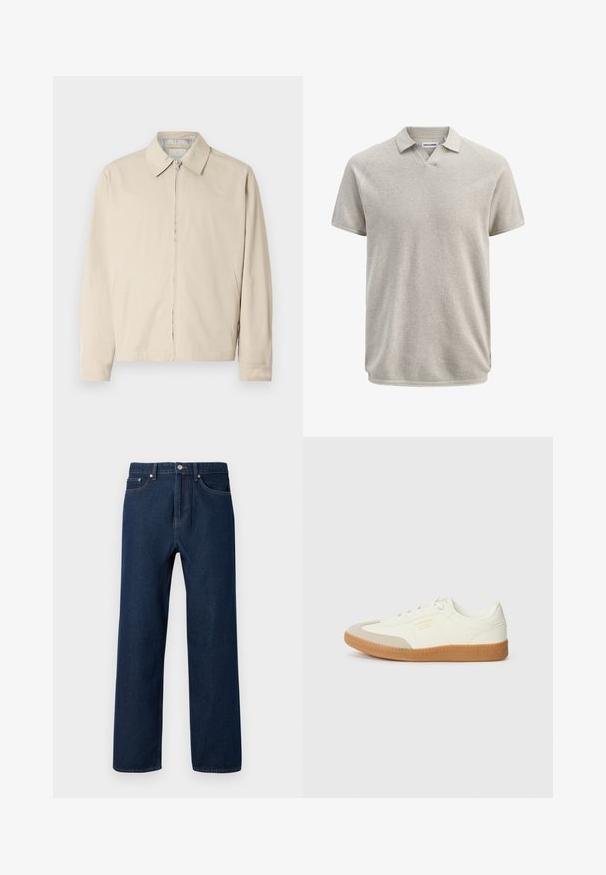 Veste légère beige avec un col pointu, fermeture éclair à l'avant et poches latérales. Texture lisse et design simple.; Polo beige texturé à manches courtes avec col et légère ouverture en V, portant l'étiquette Jack & Jones.; Jean en denim bleu foncé avec une coupe droite, cinq poches et des coutures visibles. Possède un bouton de fermeture et des passants de ceinture.; Baskets en cuir blanc avec une coque beige et une semelle en caoutchouc marron clair. Dotées de lacets blancs plats et d'un logo embossé sur le côté.