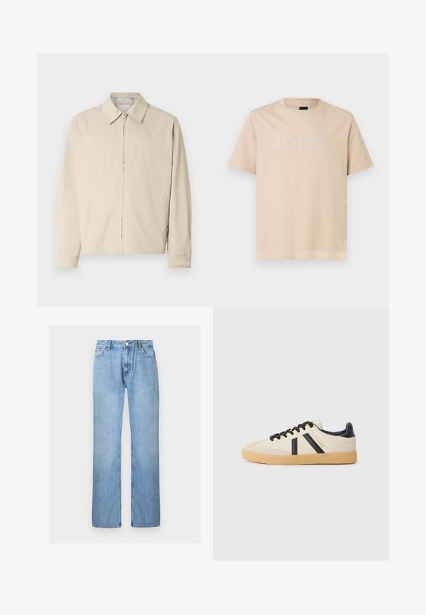 Veste légère beige avec un col pointu, fermeture éclair à l'avant et poches latérales. Texture lisse et design simple.; T-shirt beige à manches courtes et col rond avec le texte blanc "JACK & JONES PREMIUM EST. 1990" centré sur la poitrine.; Jean droit en denim bleu clair avec bouton à l'avant et poches, présenté sur un fond blanc uni.; Baskets décontractées en crème avec des rayures noires, présentant un dessus texturé et une semelle en caoutchouc. Les lacets sont noirs. Logo discret sur le côté.